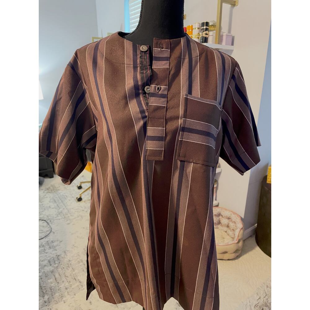 Tayion Collection Men's Striped Short Sleeve Shirt Small Brown Taupe Tunic Style